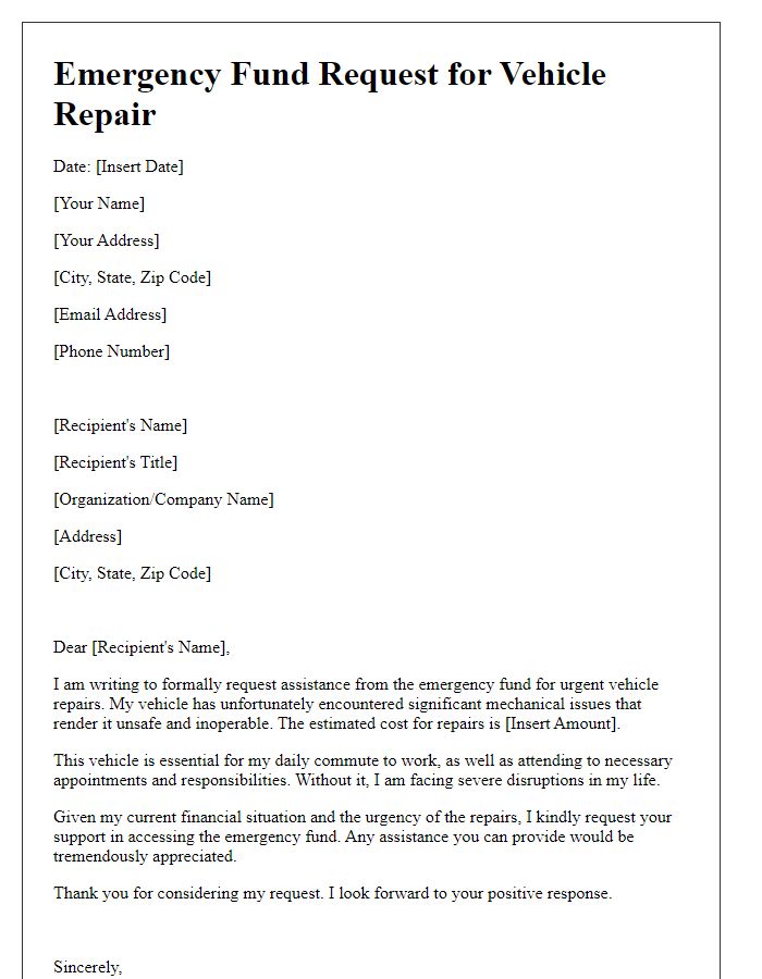 Letter template of emergency fund request for vehicle repair needs