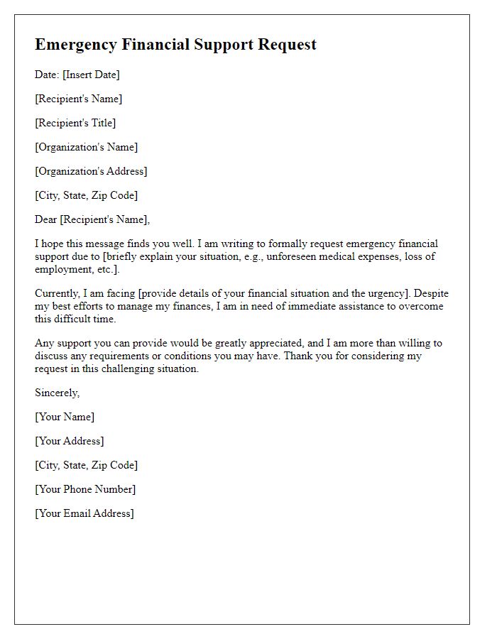 Letter template of emergency financial support request