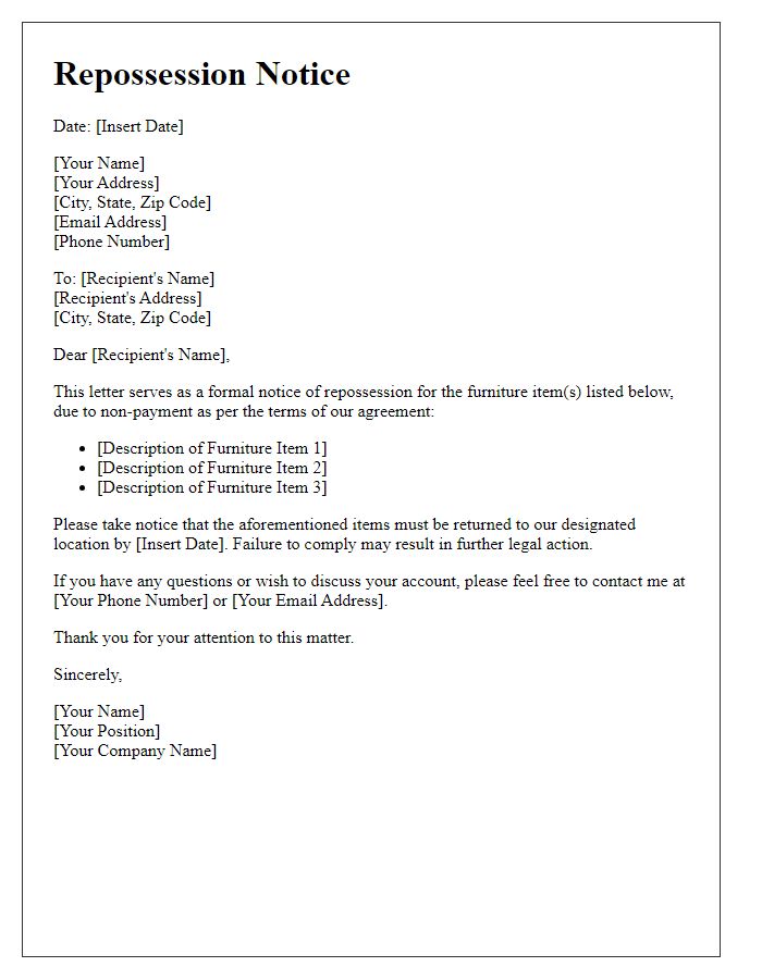 Letter template of Repossession Notice for Furniture