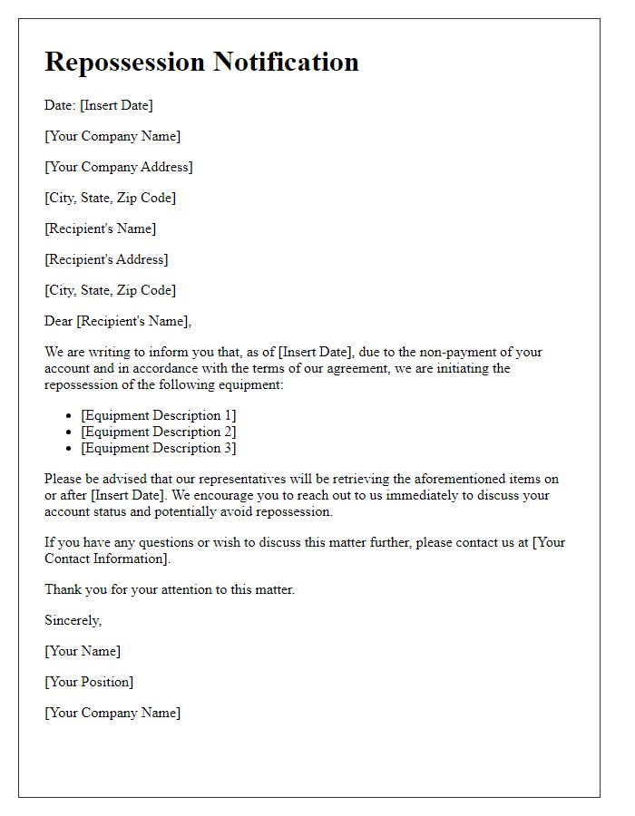 Letter template of Repossession Notification for Equipment