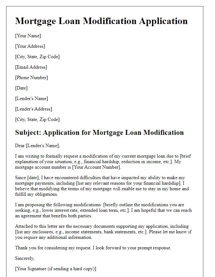 Letter template of application for mortgage loan modification