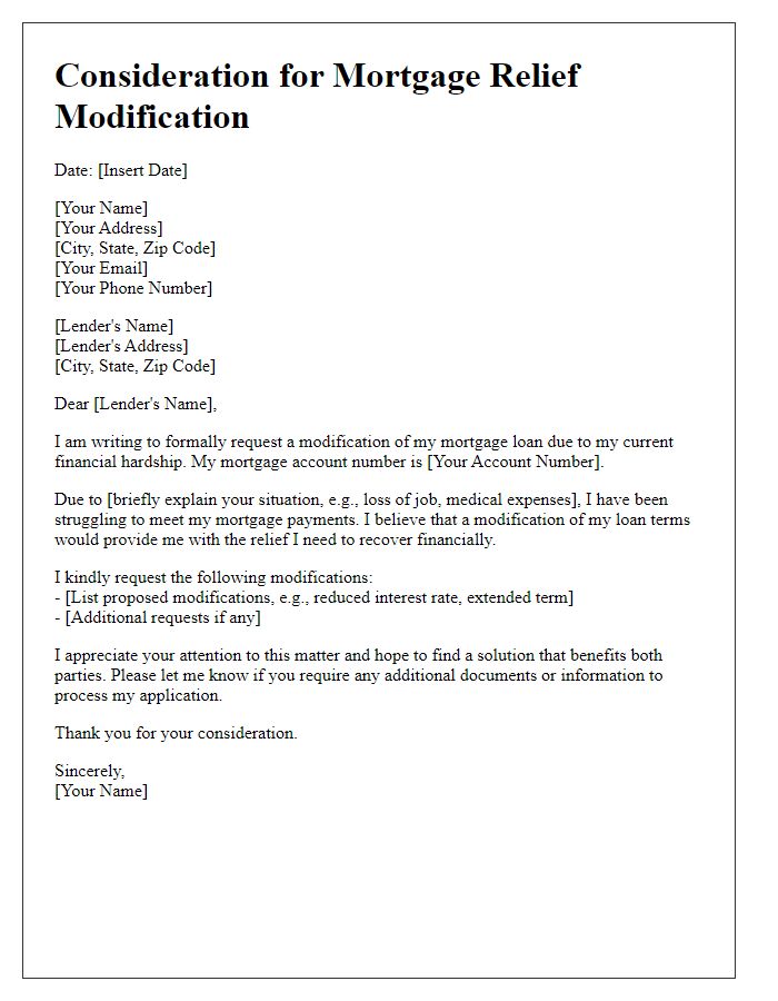 Letter template of formal request for mortgage relief modification