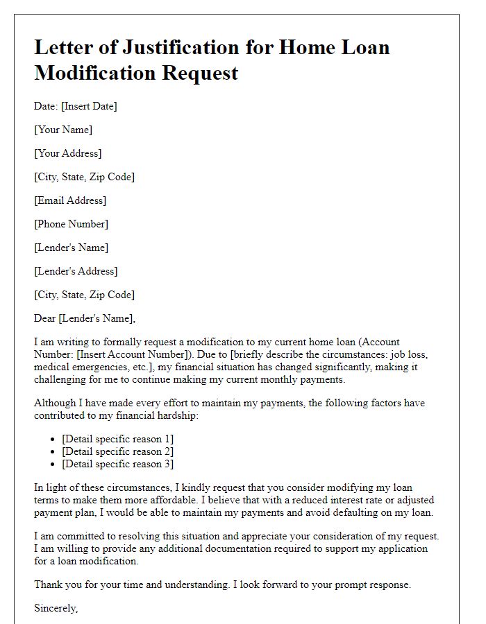 Letter template of justification for home loan modification request