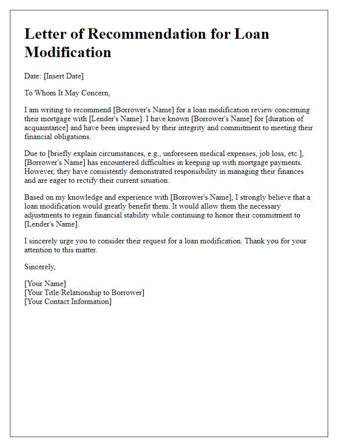 Letter template of recommendation for loan modification review