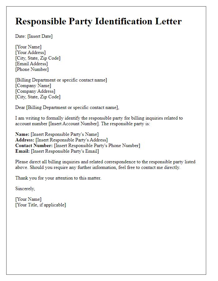 Letter template of responsible party identification for billing inquiries