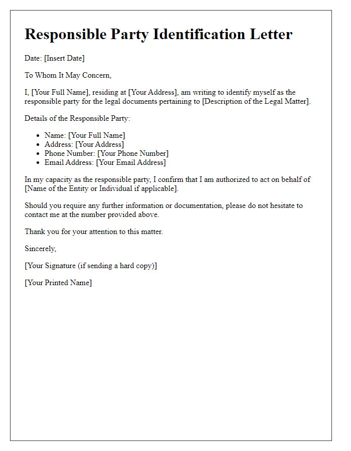 Letter template of responsible party identification for legal documents