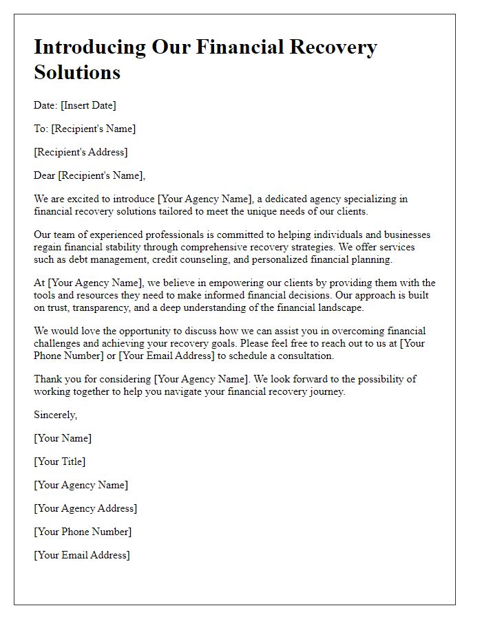 Letter template of agency introduction for financial recovery solutions.