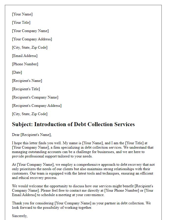 Letter template of formal introduction for debt collection services.