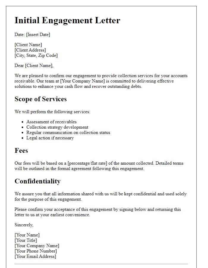 Letter template of initial engagement for a collection service provider.