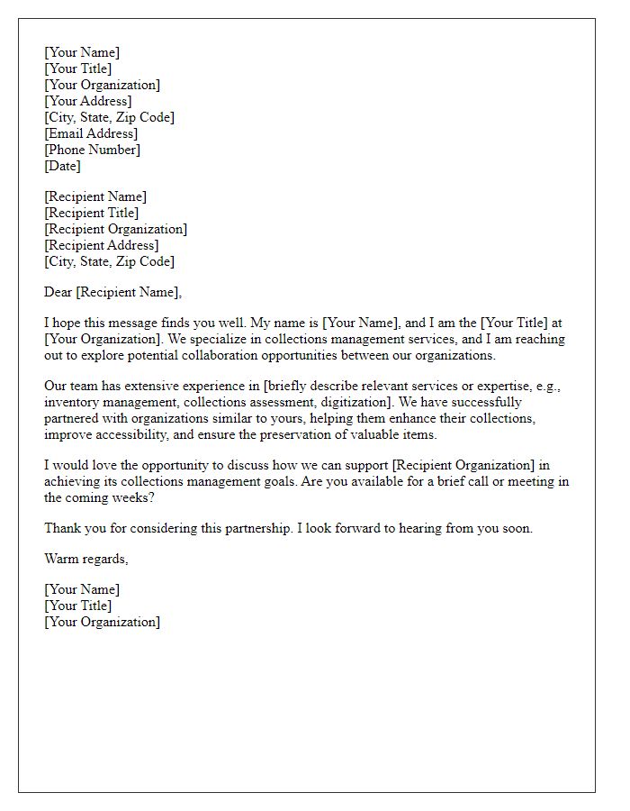 Letter template of outreach for collections management services.