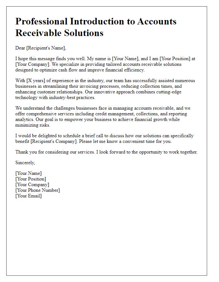 Letter template of professional introduction for accounts receivable solutions.