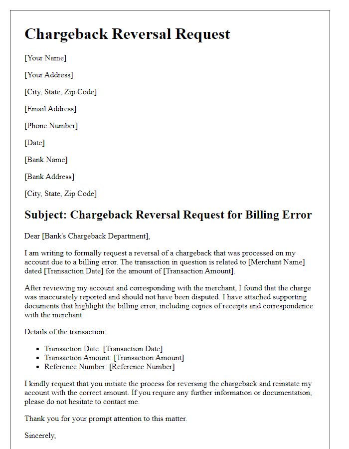 Letter template of chargeback reversal for billing error.