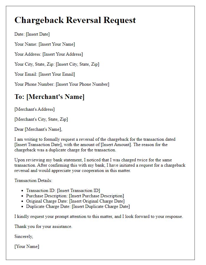 Letter template of chargeback reversal for duplicate charge.