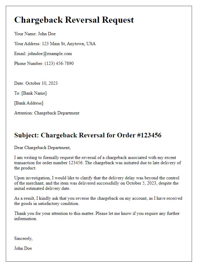 Letter template of chargeback reversal for late delivery.