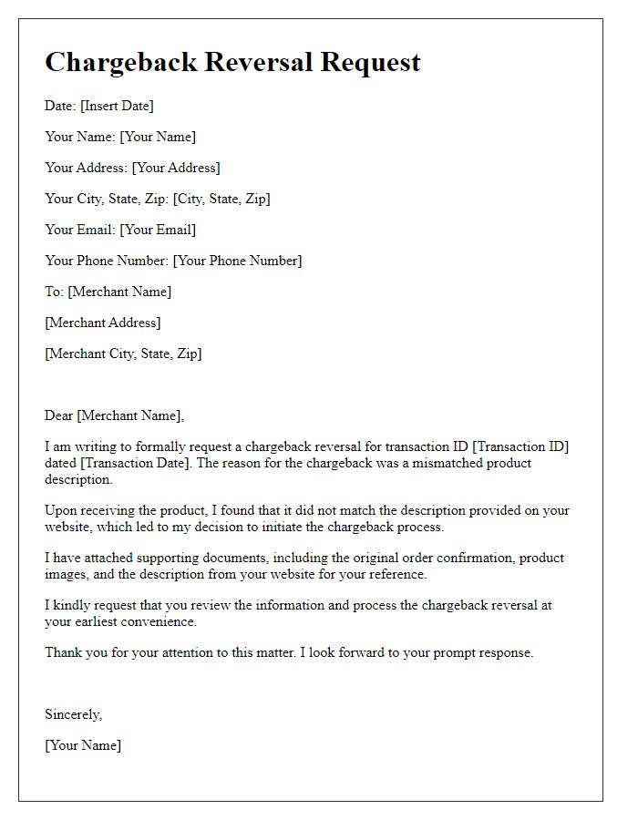 Letter template of chargeback reversal for mismatched product description.