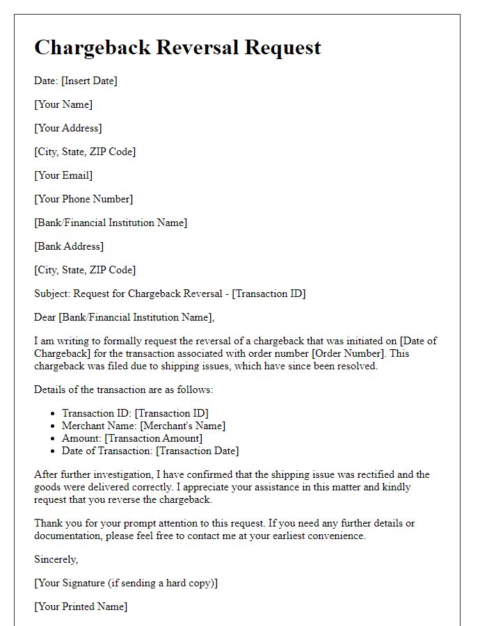 Letter template of chargeback reversal for shipping issues.