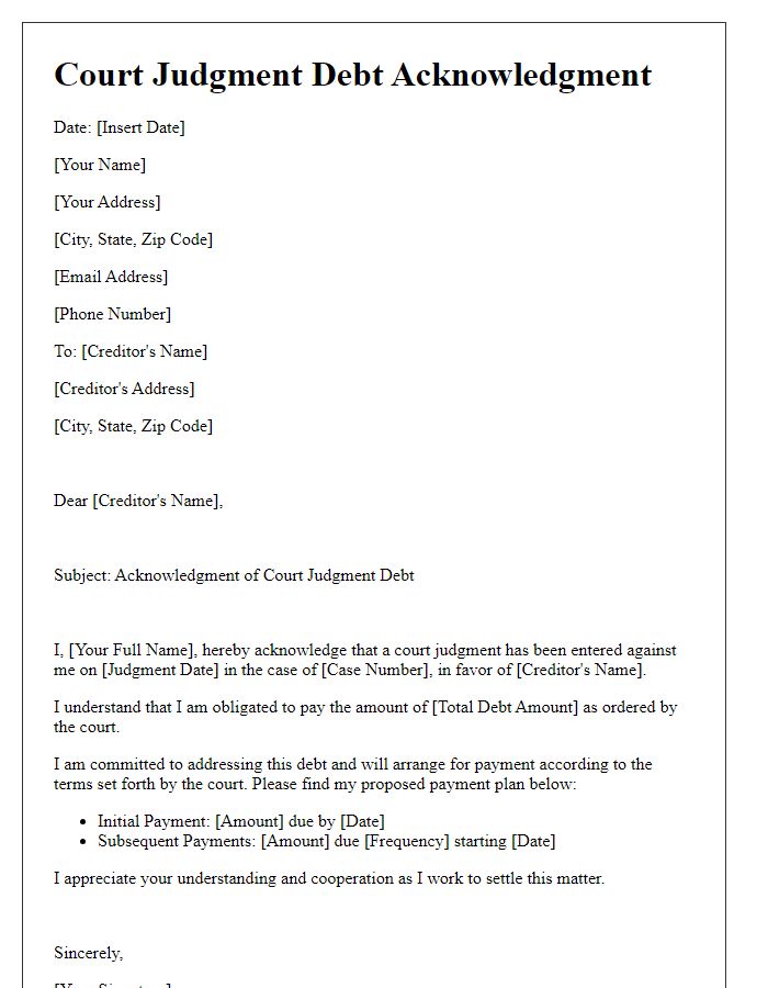 Letter template of court judgment debt acknowledgment