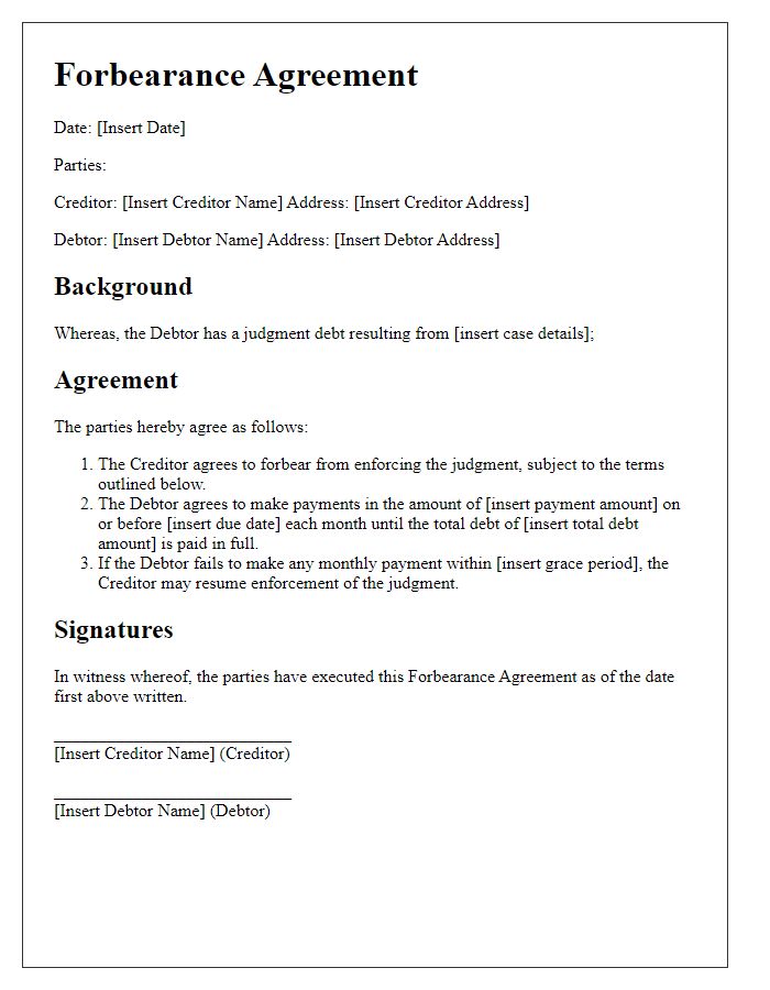 Letter template of court judgment debt forbearance agreement