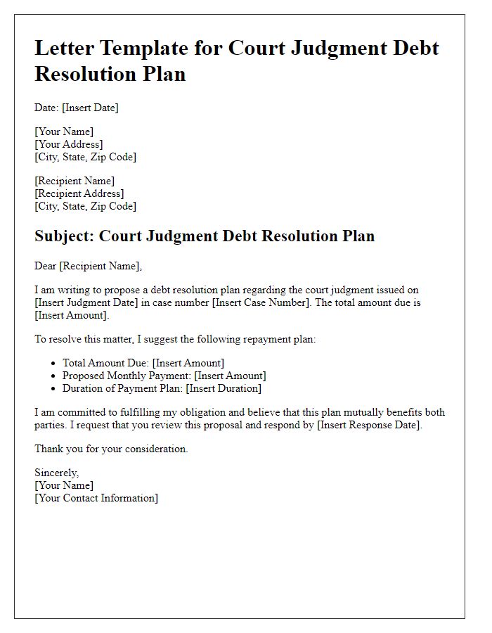 Letter template of court judgment debt resolution plan