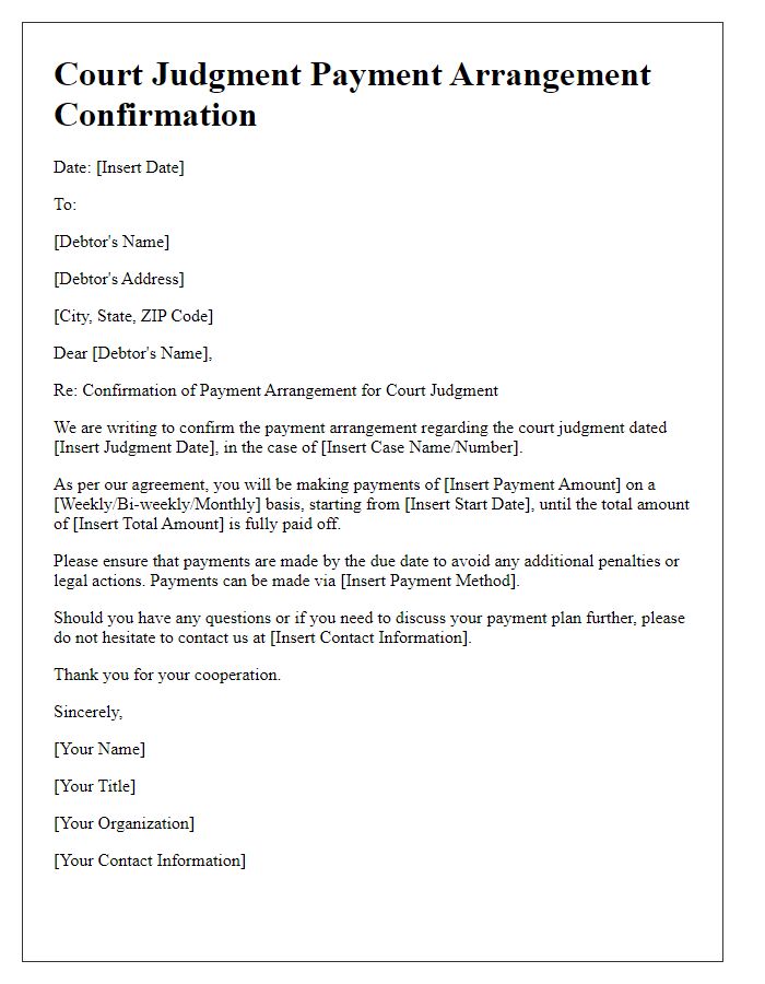 Letter template of court judgment payment arrangement confirmation