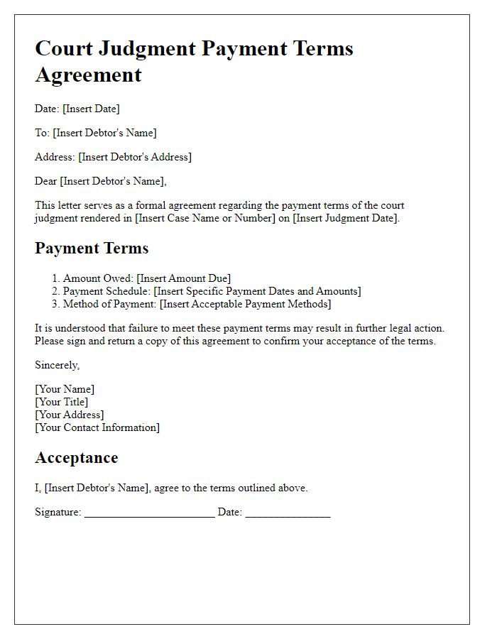 Letter template of court judgment payment terms agreement