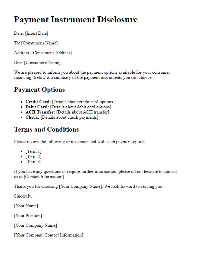 Letter template of Payment Instrument Disclosure for Consumer Financing Options