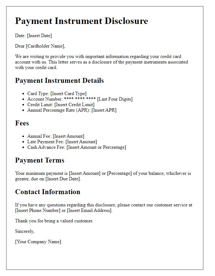 Letter template of Payment Instrument Disclosure for Credit Card Holders