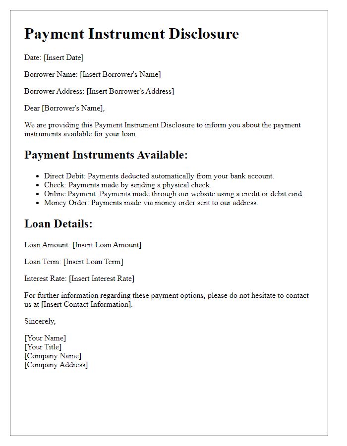 Letter template of Payment Instrument Disclosure for Loan Borrowers