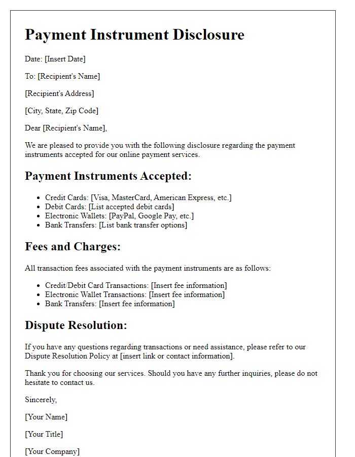 Letter template of Payment Instrument Disclosure for Online Payment Services