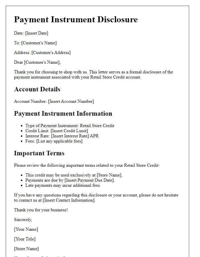 Letter template of Payment Instrument Disclosure for Retail Store Credit