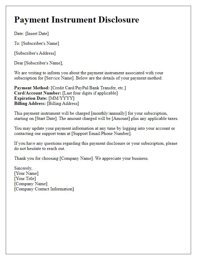 Letter template of Payment Instrument Disclosure for Subscription Services