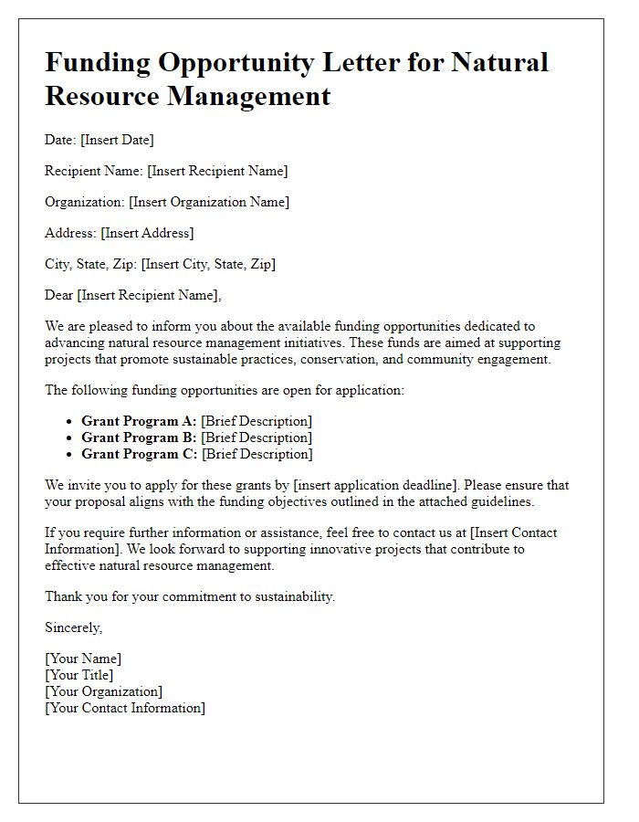 Letter template of natural resource management funding opportunities