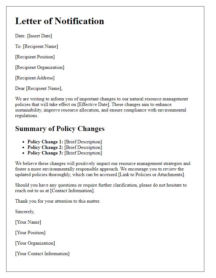 Letter template of natural resource management policy changes