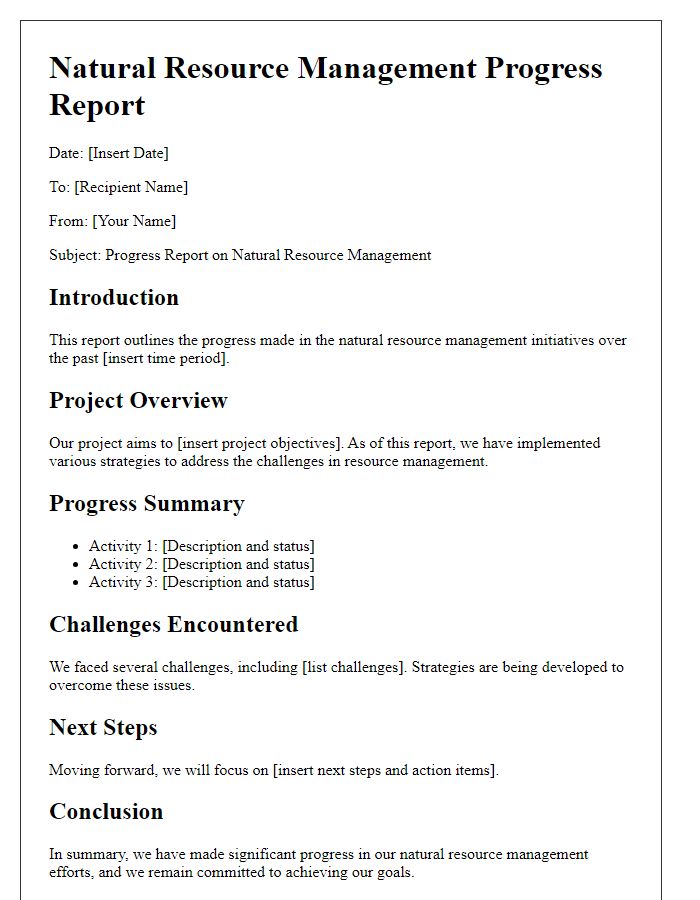 Letter template of natural resource management progress report