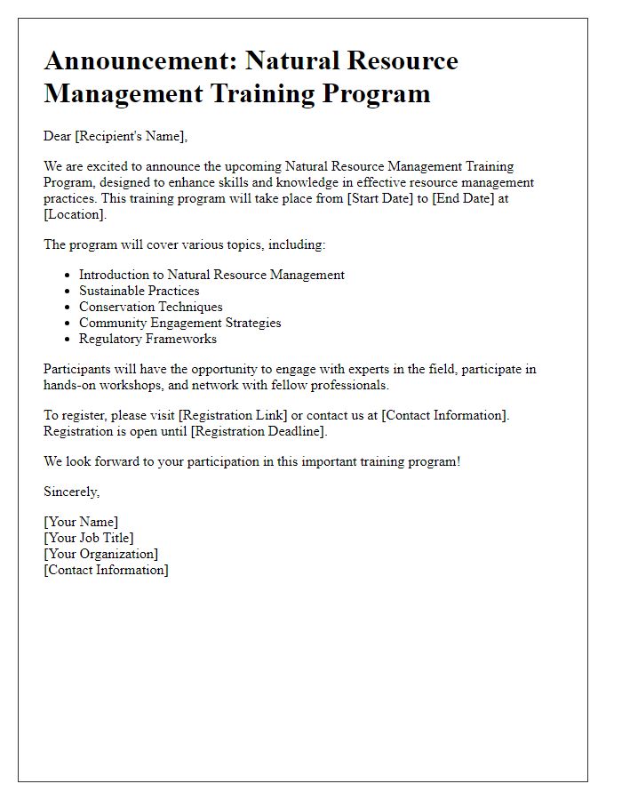 Letter template of natural resource management training program announcement