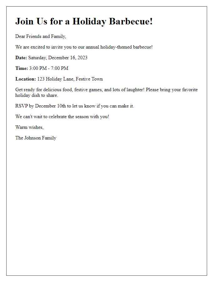 Letter template of holiday-themed barbecue invitation