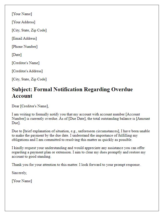 Letter template of formal notification to creditor regarding overdue account.