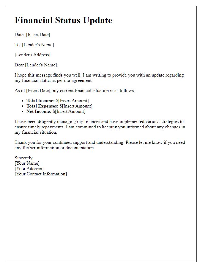 Letter template of update on financial status to lender.