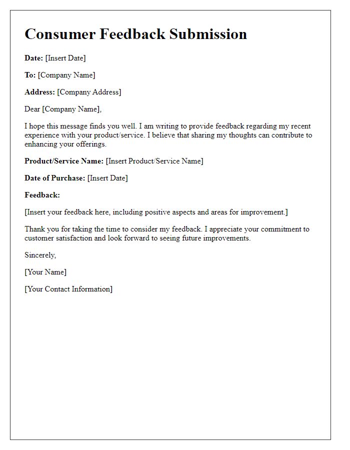 Letter template of consumer feedback submission