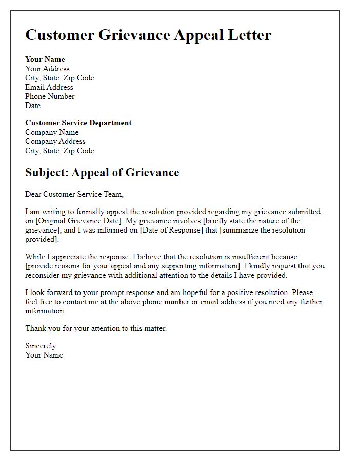 Letter template of customer grievance appeal