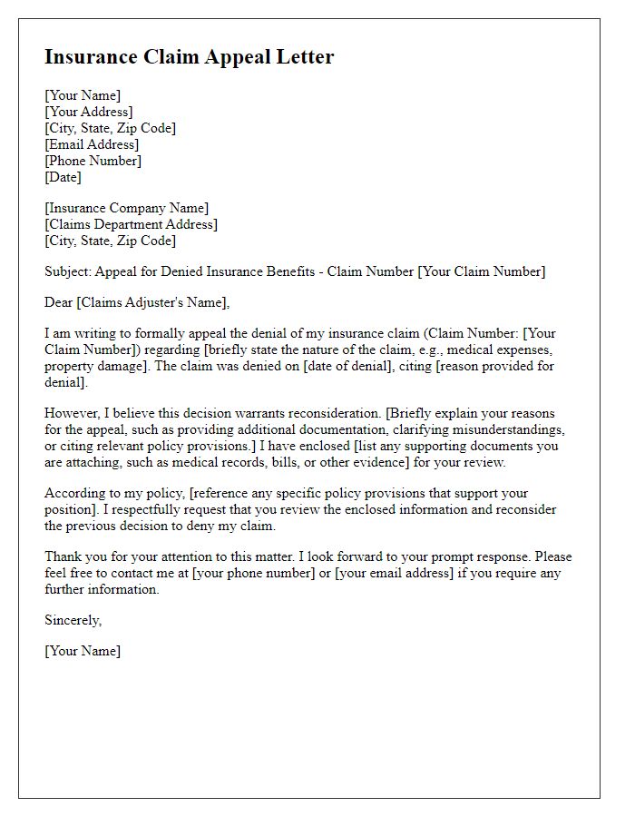 Letter template of insurance claim appeal for denied benefits.