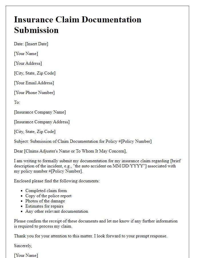 Letter template of insurance claim documentation submission.