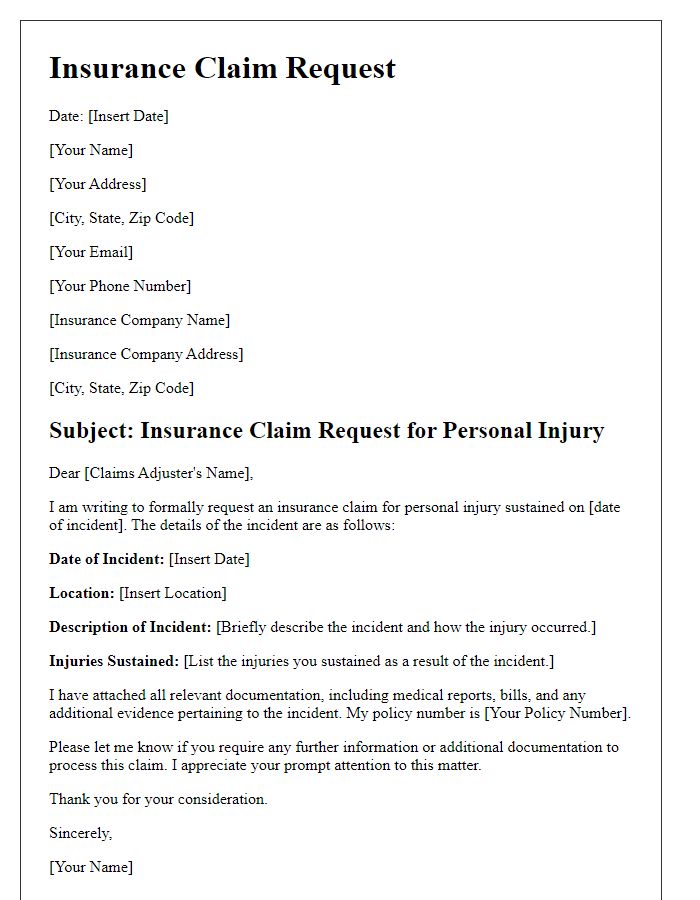 Letter template of insurance claim request for personal injury.