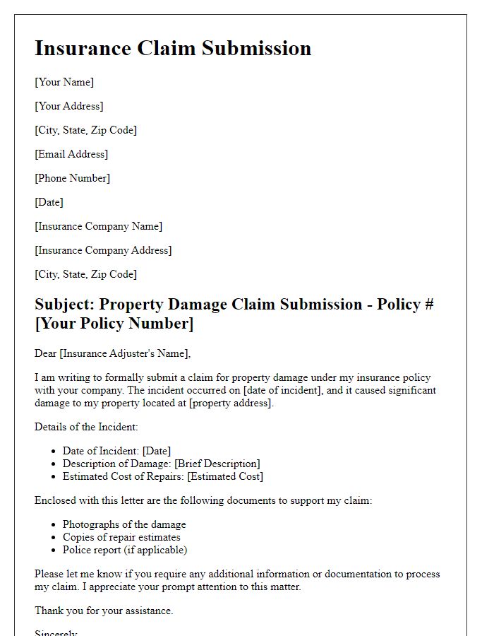 Letter template of insurance claim submission for property damage.