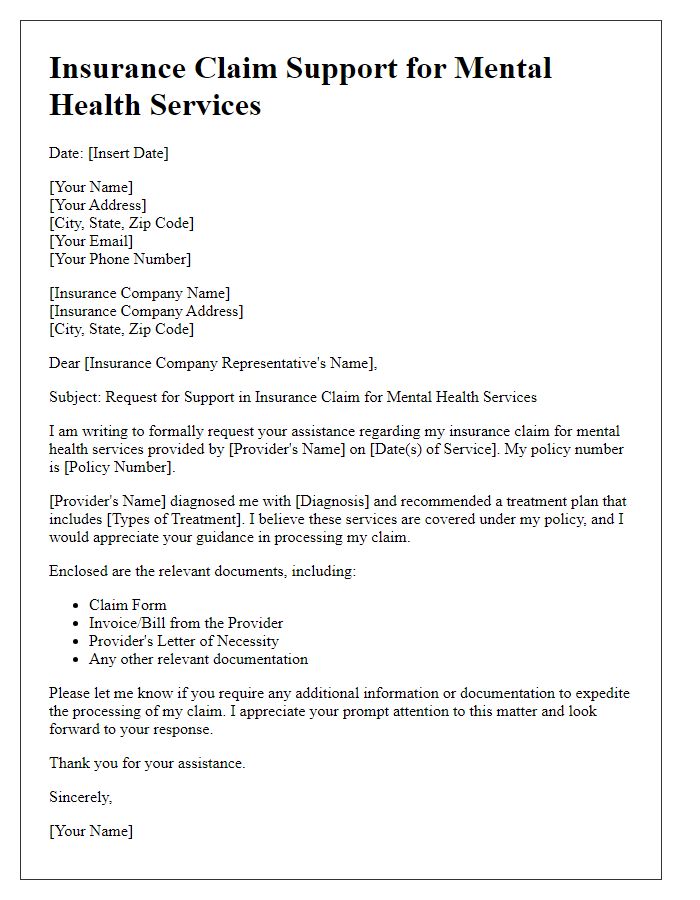 Letter template of insurance claim support for mental health services.