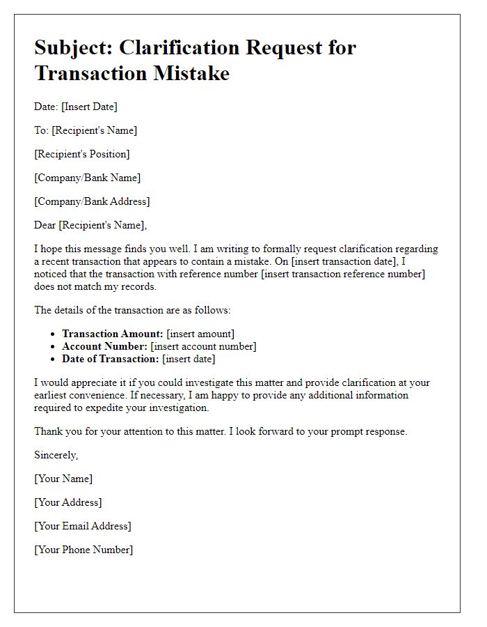 Letter template of clarification request for transaction mistake