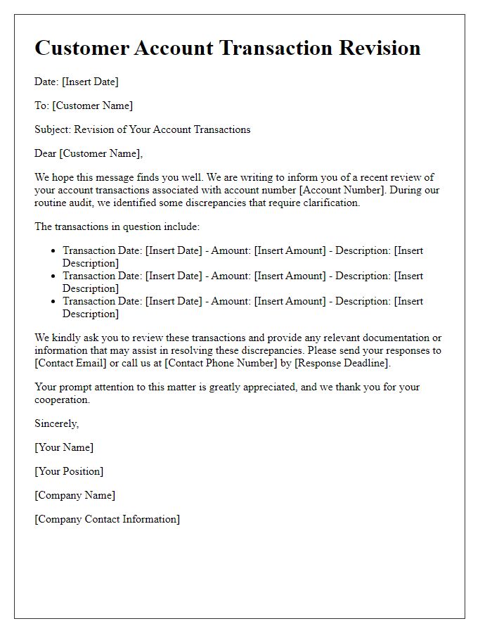 Letter template of customer account transaction revision
