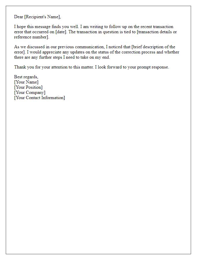 Letter template of follow-up on transaction error