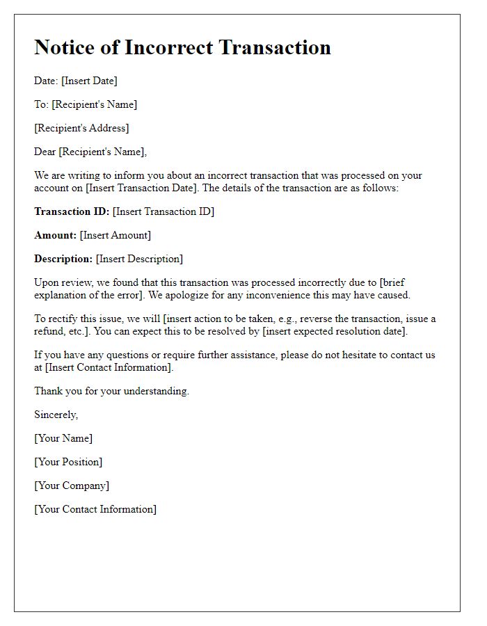 Letter template of notice for incorrect transaction