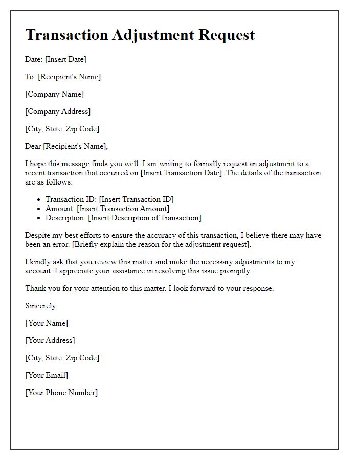 Letter template of transaction adjustment request